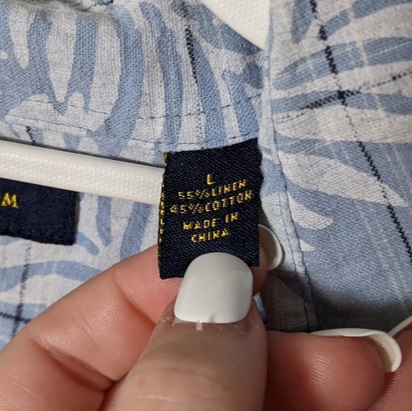 Club Room Linen/Cotton Tropical‎ Foliage Casual Blue Button Down Size Large - Picture 6 of 6